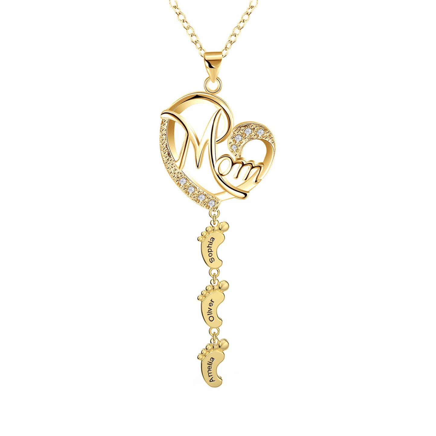Heart-shaped Custom Name Necklace with Baby Feet for Mom