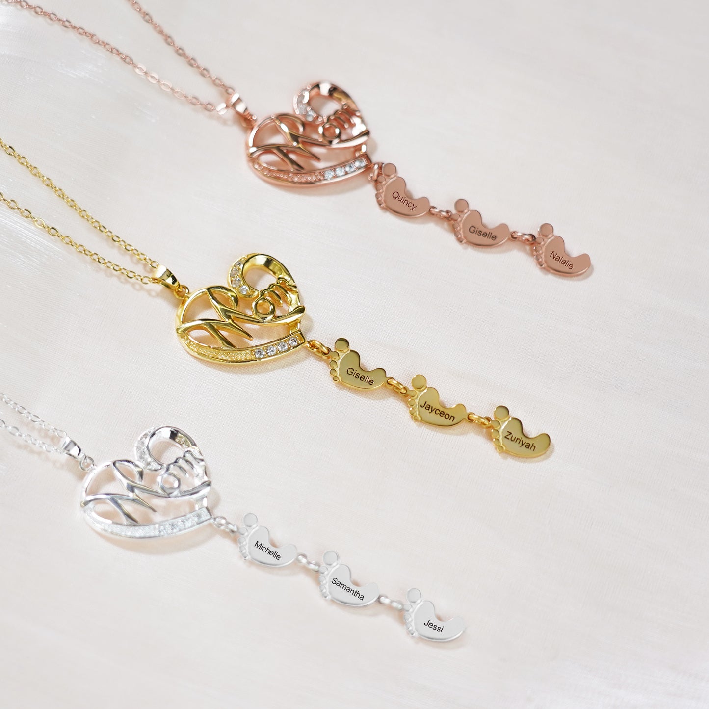 Heart-shaped Custom Name Necklace with Baby Feet for Mom