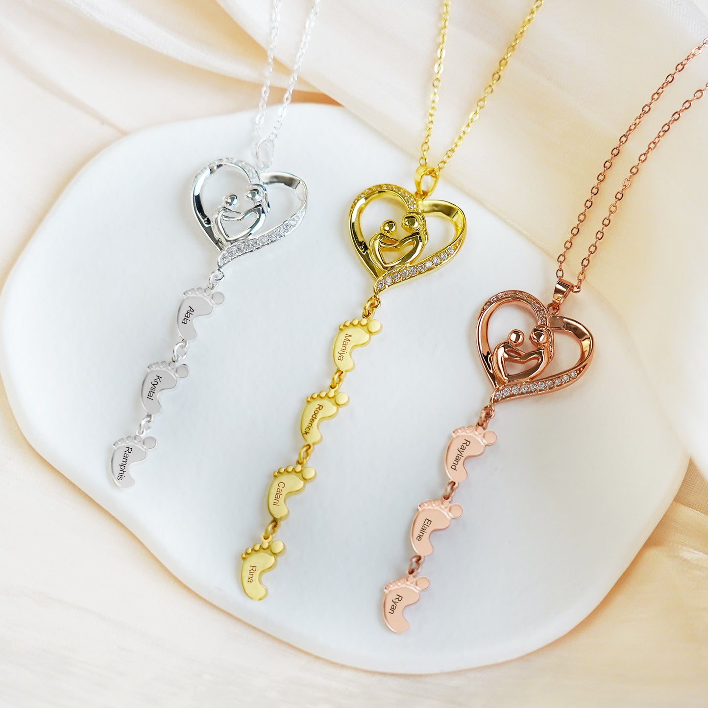 Personalized Necklace with Multi Kids Name and Baby Feet Pendant