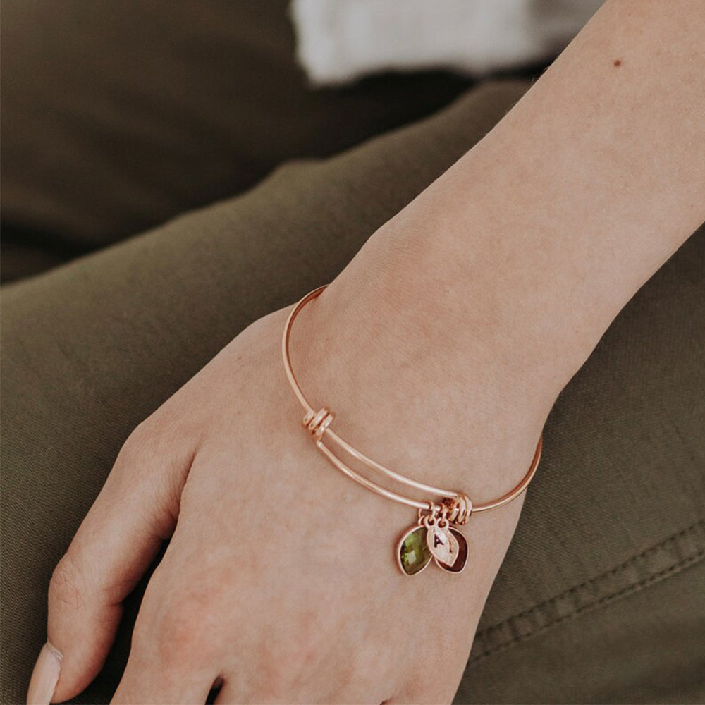 Women's Bracelet With Custom Birthstone and Initials Leaf Charms