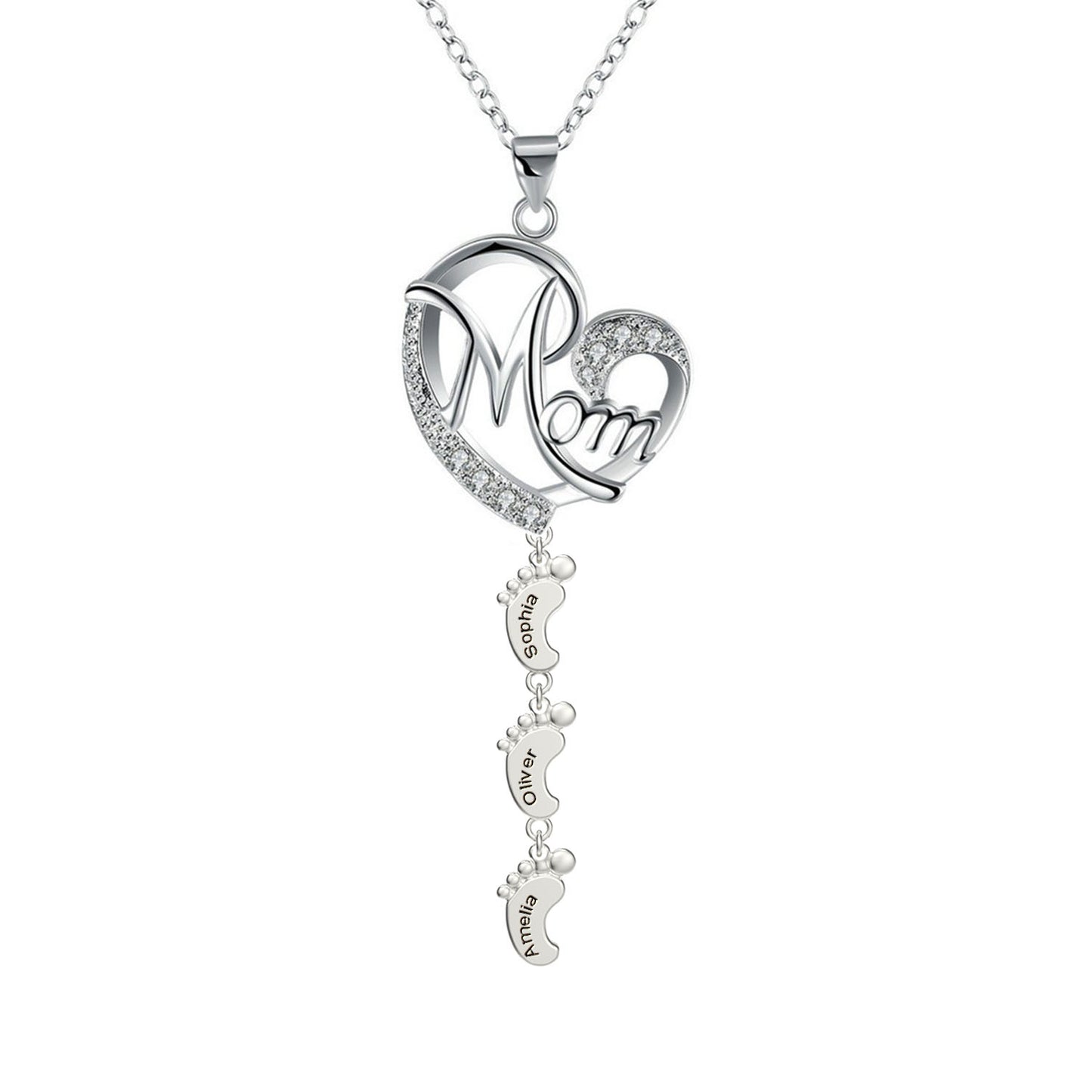 Heart-shaped Custom Name Necklace with Baby Feet for Mom