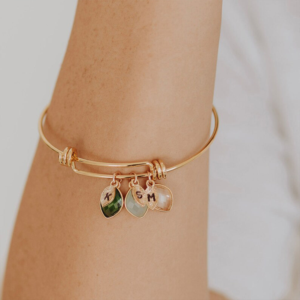 Women's Bracelet With Custom Birthstone and Initials Leaf Charms