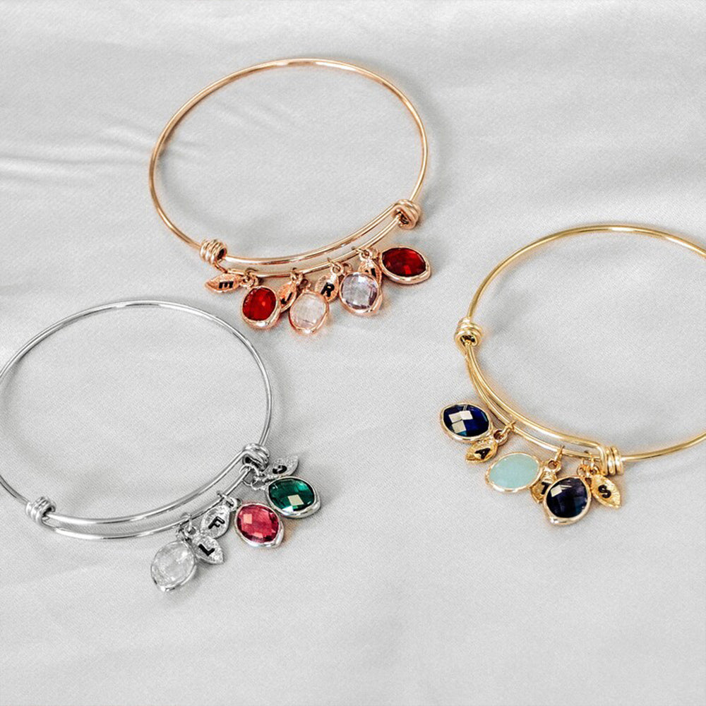 Women's Bracelet With Custom Birthstone and Initials Leaf Charms