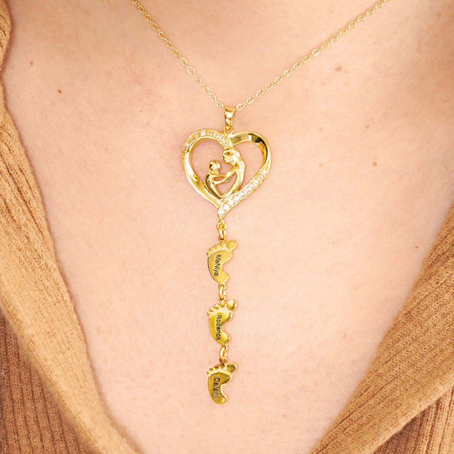 Personalized Necklace with Multi Kids Name and Baby Feet Pendant