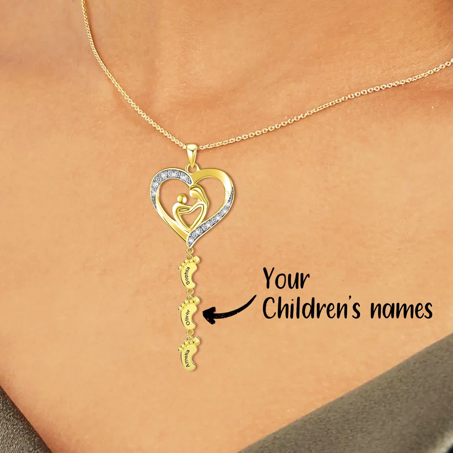 Personalized Necklace with Multi Kids Name and Baby Feet Pendant