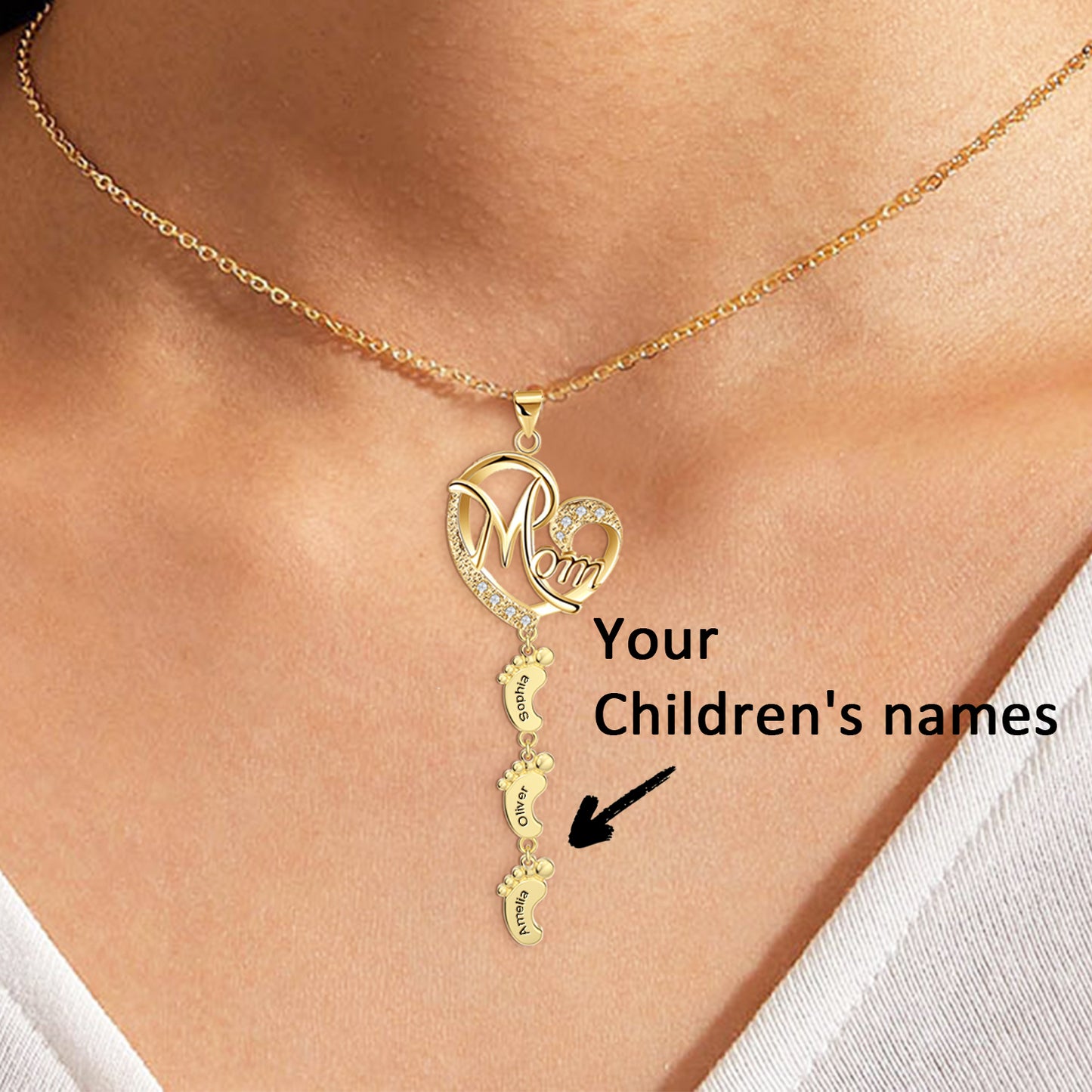Heart-shaped Custom Name Necklace with Baby Feet for Mom