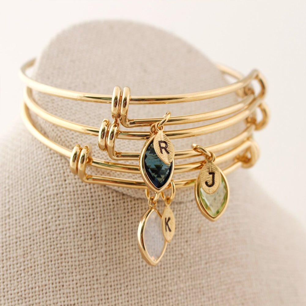 Women's Bracelet With Custom Birthstone and Initials Leaf Charms