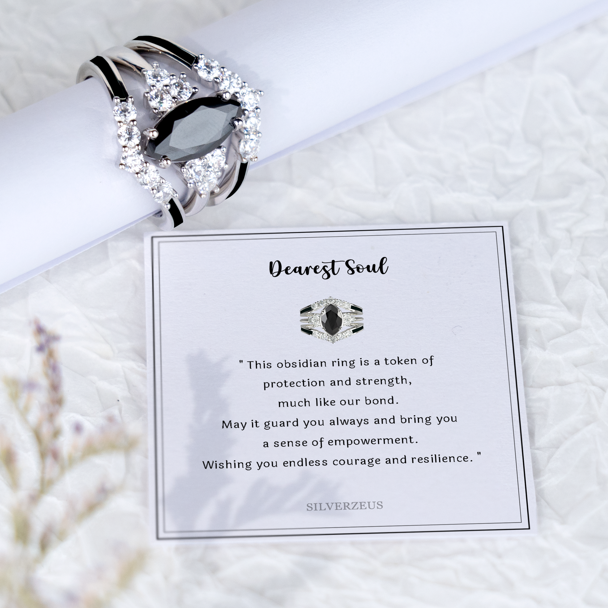 Mother's day special “Wordless love” Sterling Silver Black Obsidian Ring