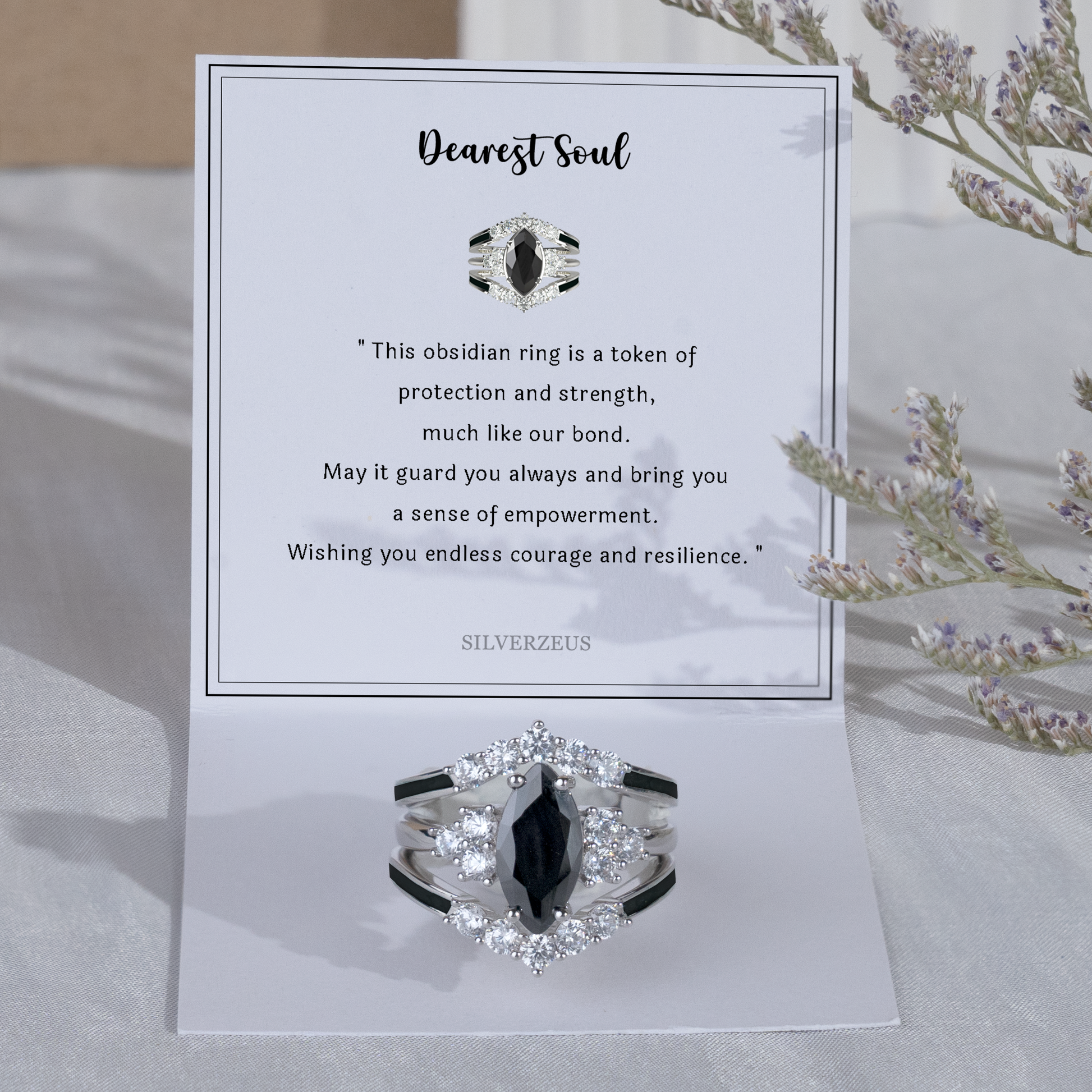 Mother's day special “Wordless love” Sterling Silver Black Obsidian Ring
