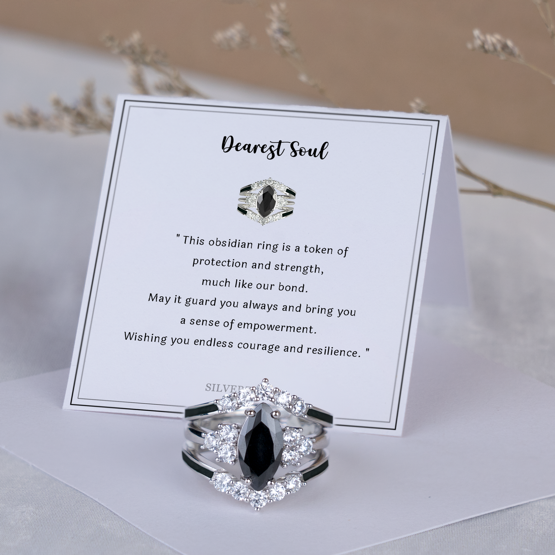 Mother's day special “Wordless love” Sterling Silver Black Obsidian Ring