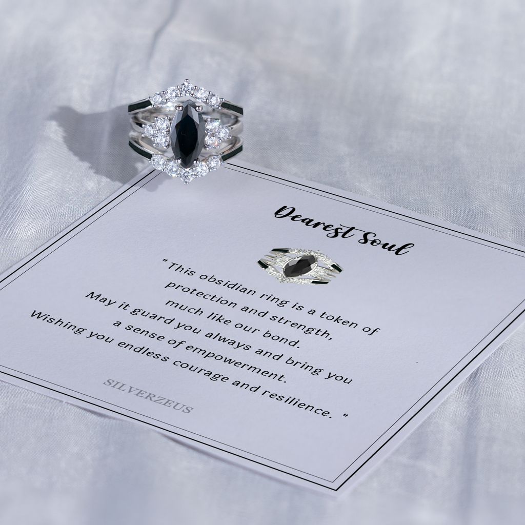 Mother's day special “Wordless love” Sterling Silver Black Obsidian Ring