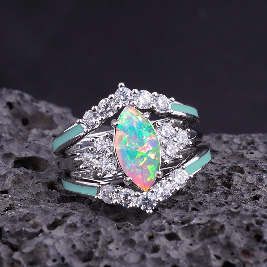 Gift for October Born-Sterling Silver Rainbow Opal Ring