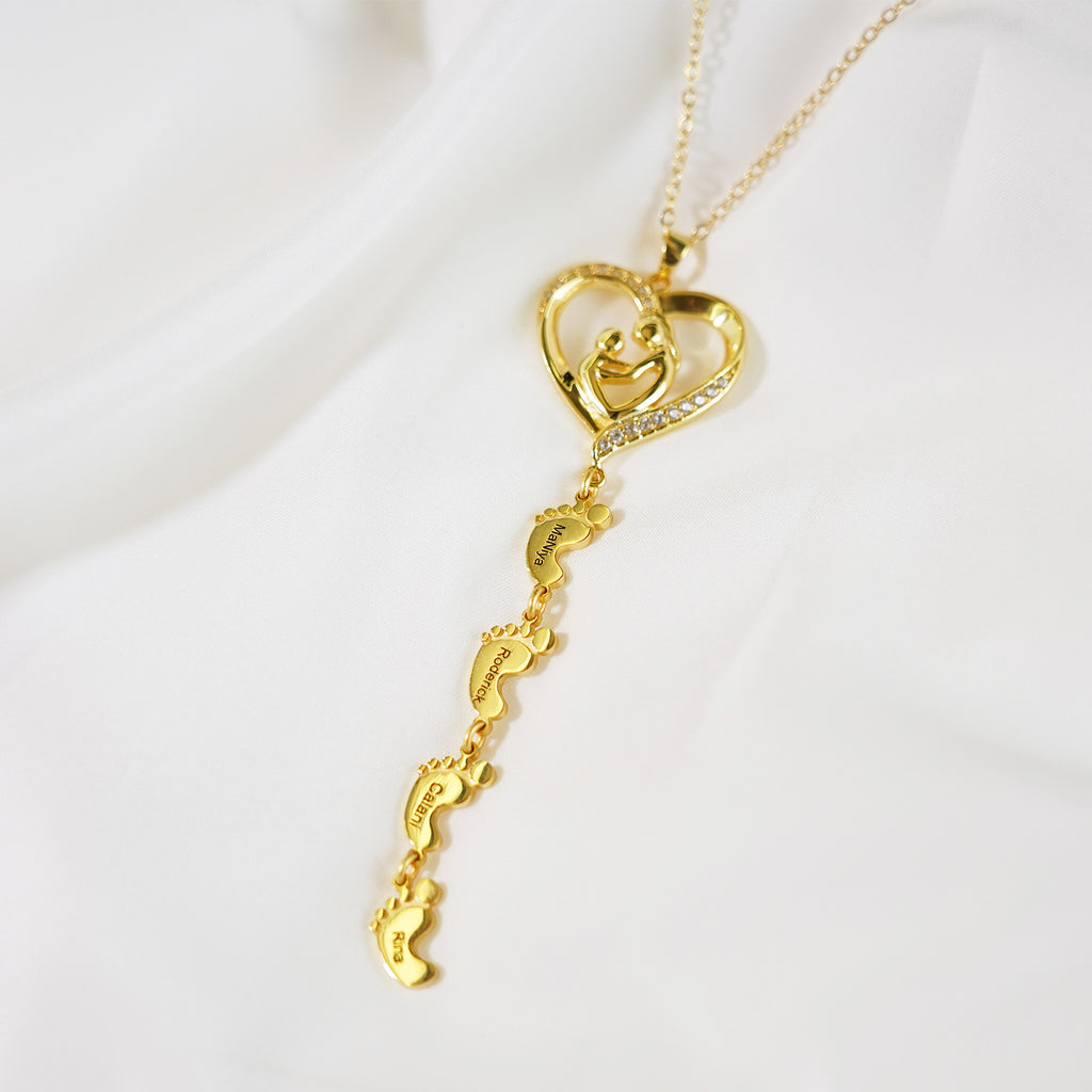 Personalized Necklace with Multi Kids Name and Baby Feet Pendant