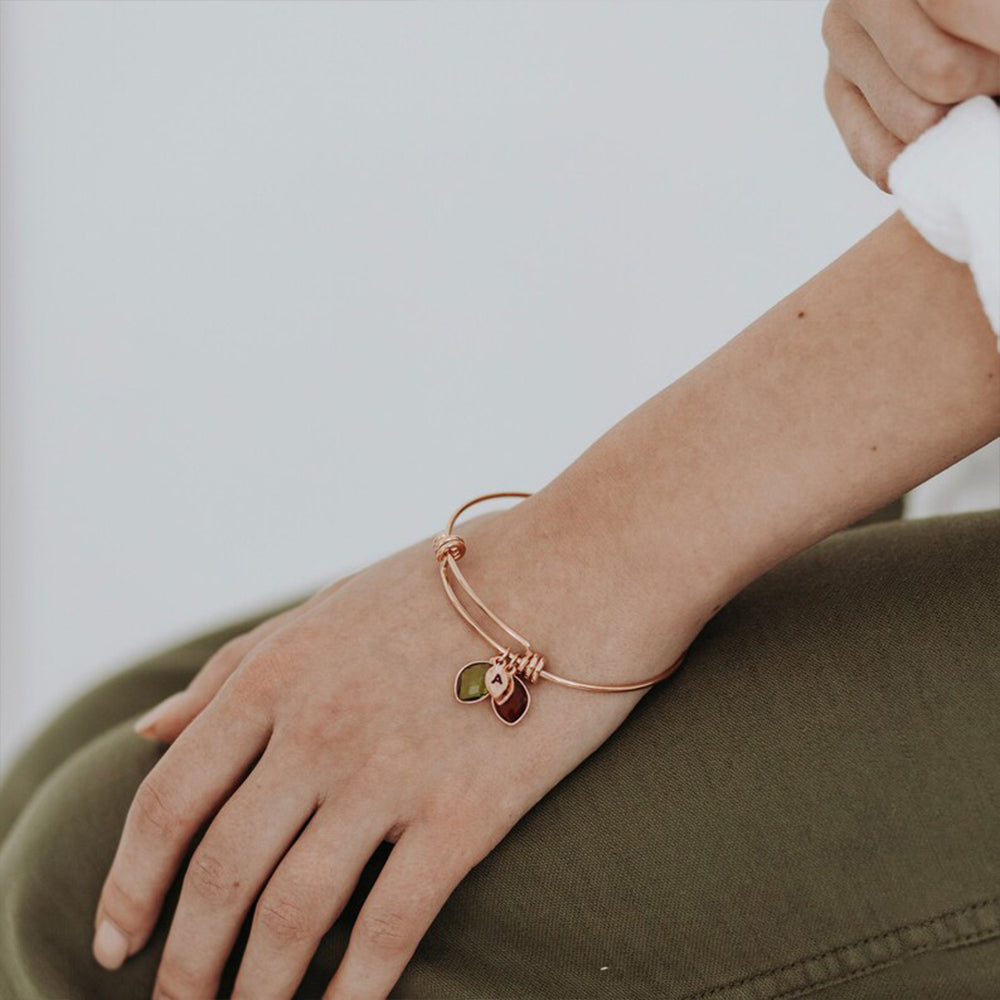 Women's Bracelet With Custom Birthstone and Initials Leaf Charms