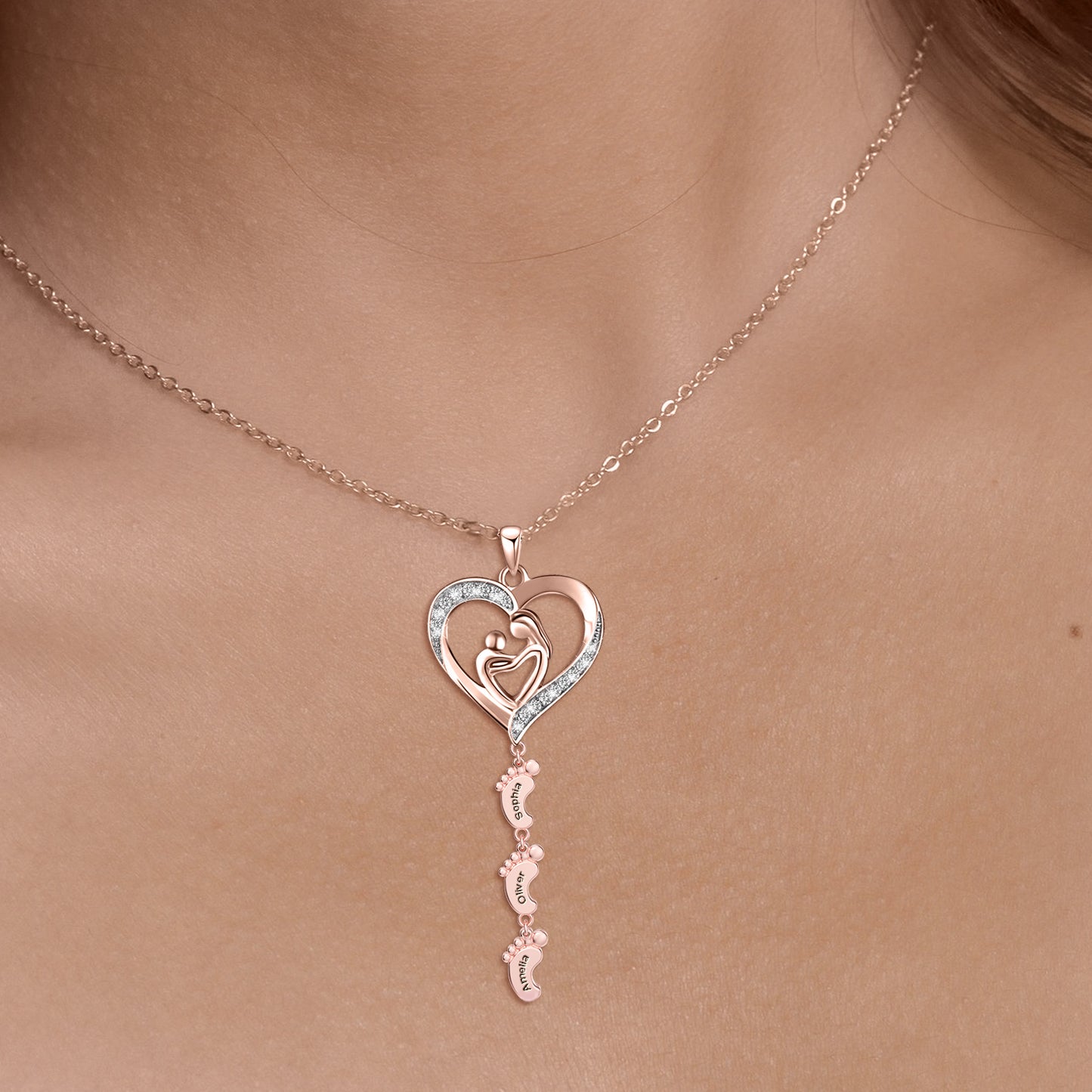 Personalized Necklace with Multi Kids Name and Baby Feet Pendant