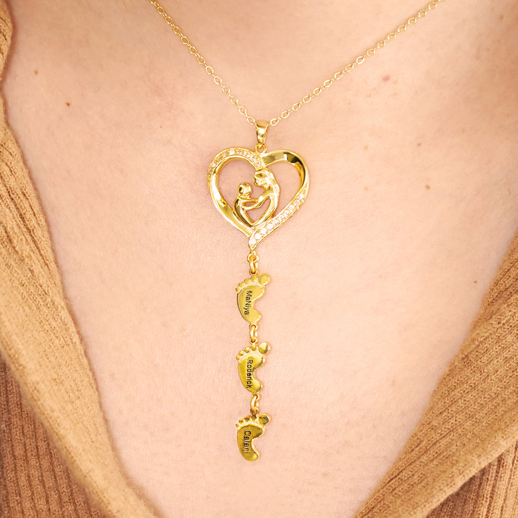 Personalized Necklace with Multi Kids Name and Baby Feet Pendant