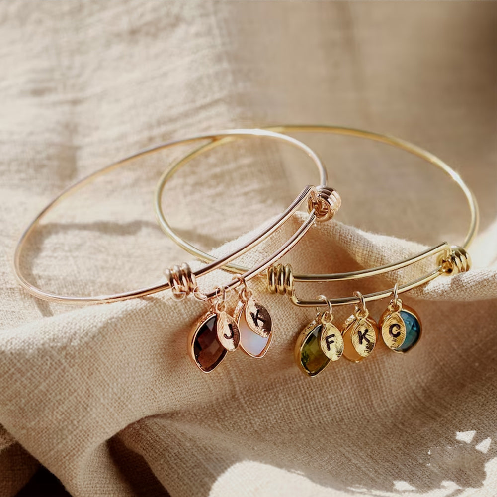 Women's Bracelet With Custom Birthstone and Initials Leaf Charms