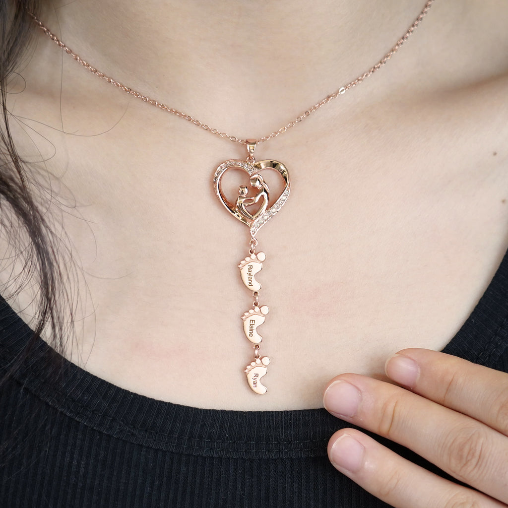 Personalized Necklace with Multi Kids Name and Baby Feet Pendant