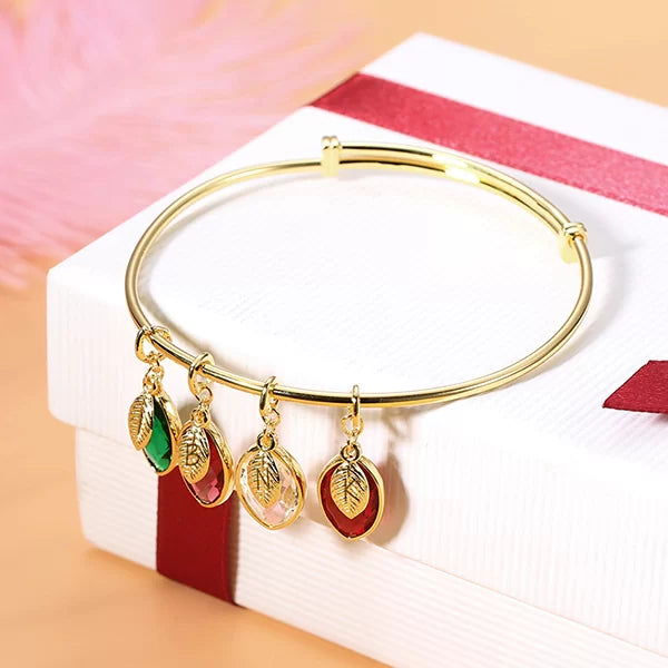 Sterling Silver Women's Bracelet With Custom Birthstone and Initials Leaf Charms
